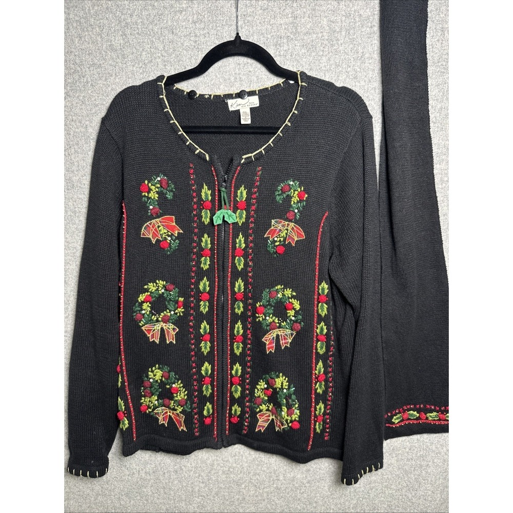 Kim Rogers Christmas Sweater Cardigan Womens PXL Wreath Black Beaded w/ Scarf